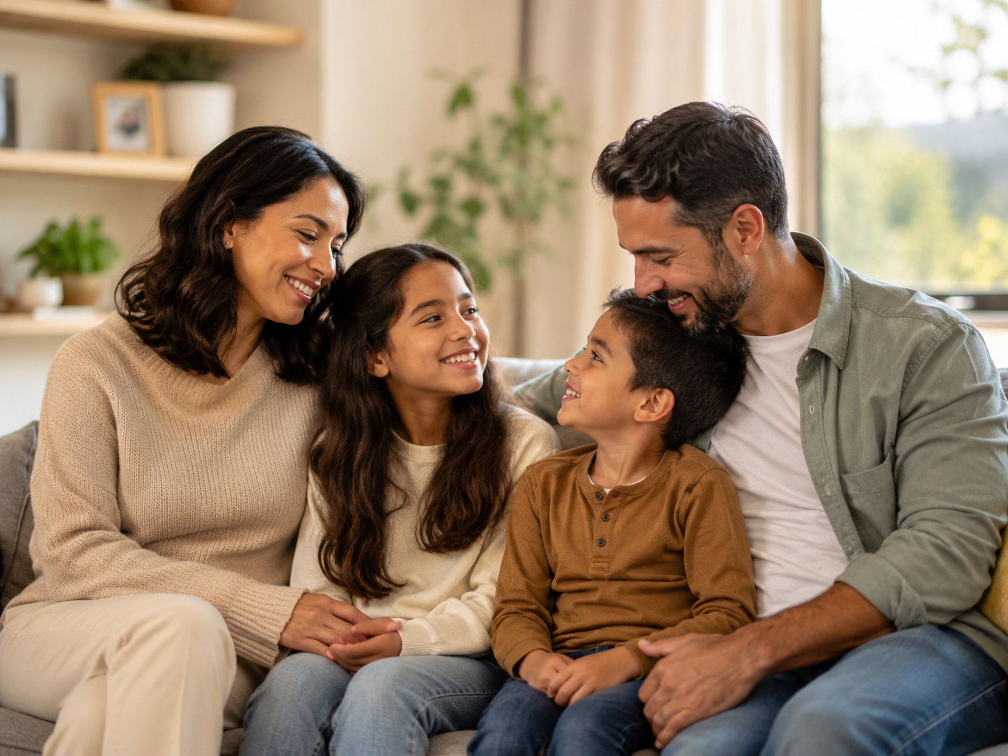 Happy family sitting together in a cozy living room