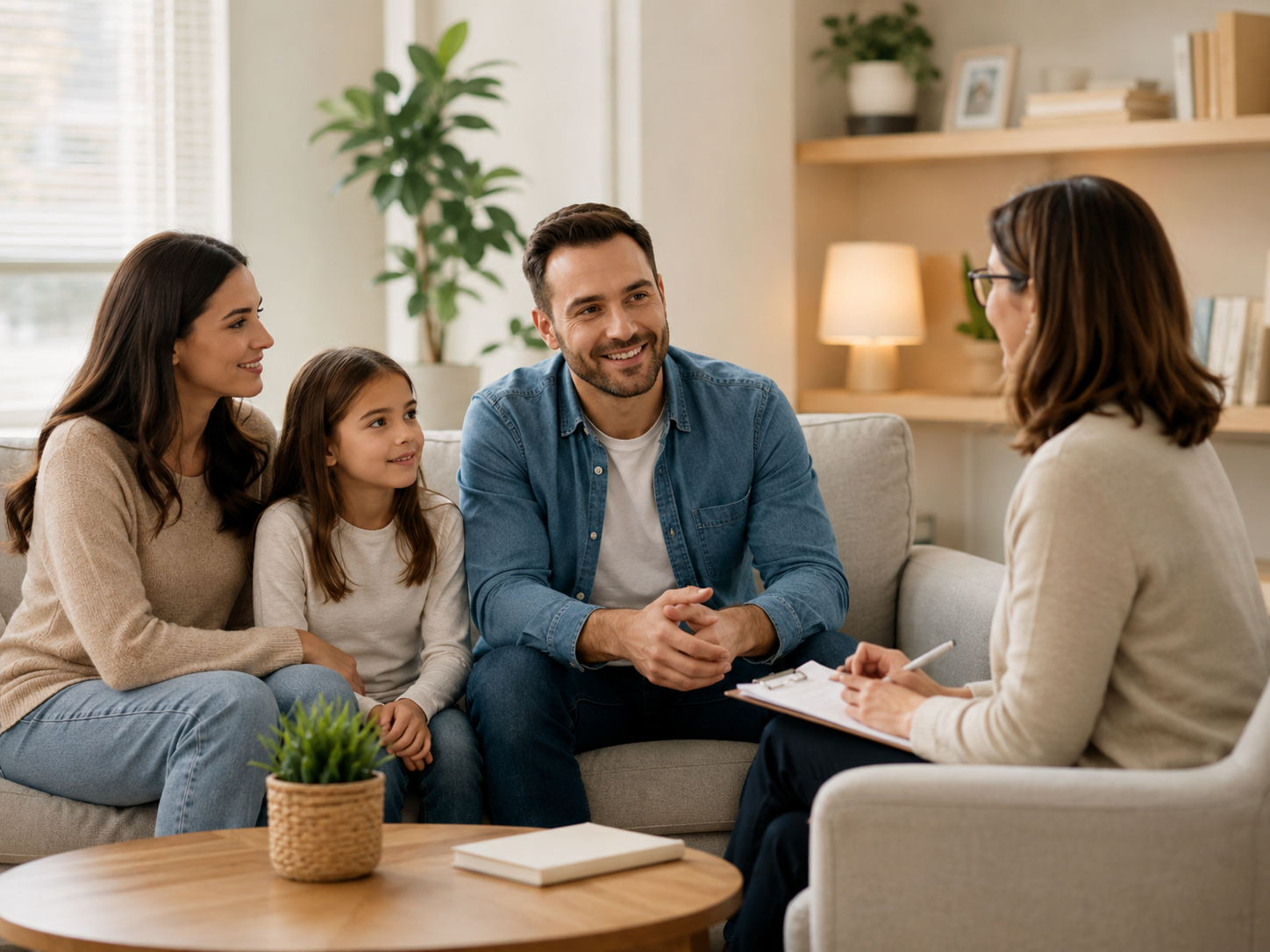 Warm family therapy session in a cozy counseling office