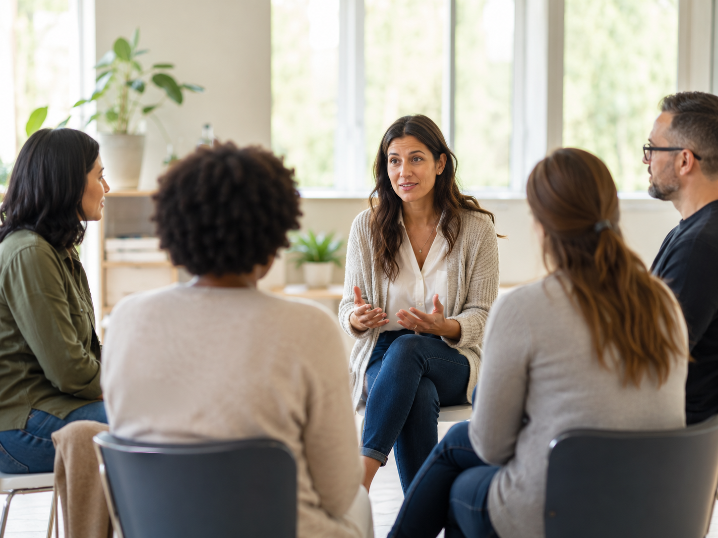 Support group discussion in a bright welcoming room